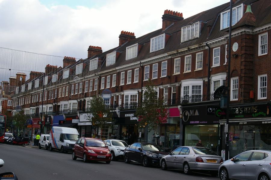 Shopping parade on Golders Green Road, London